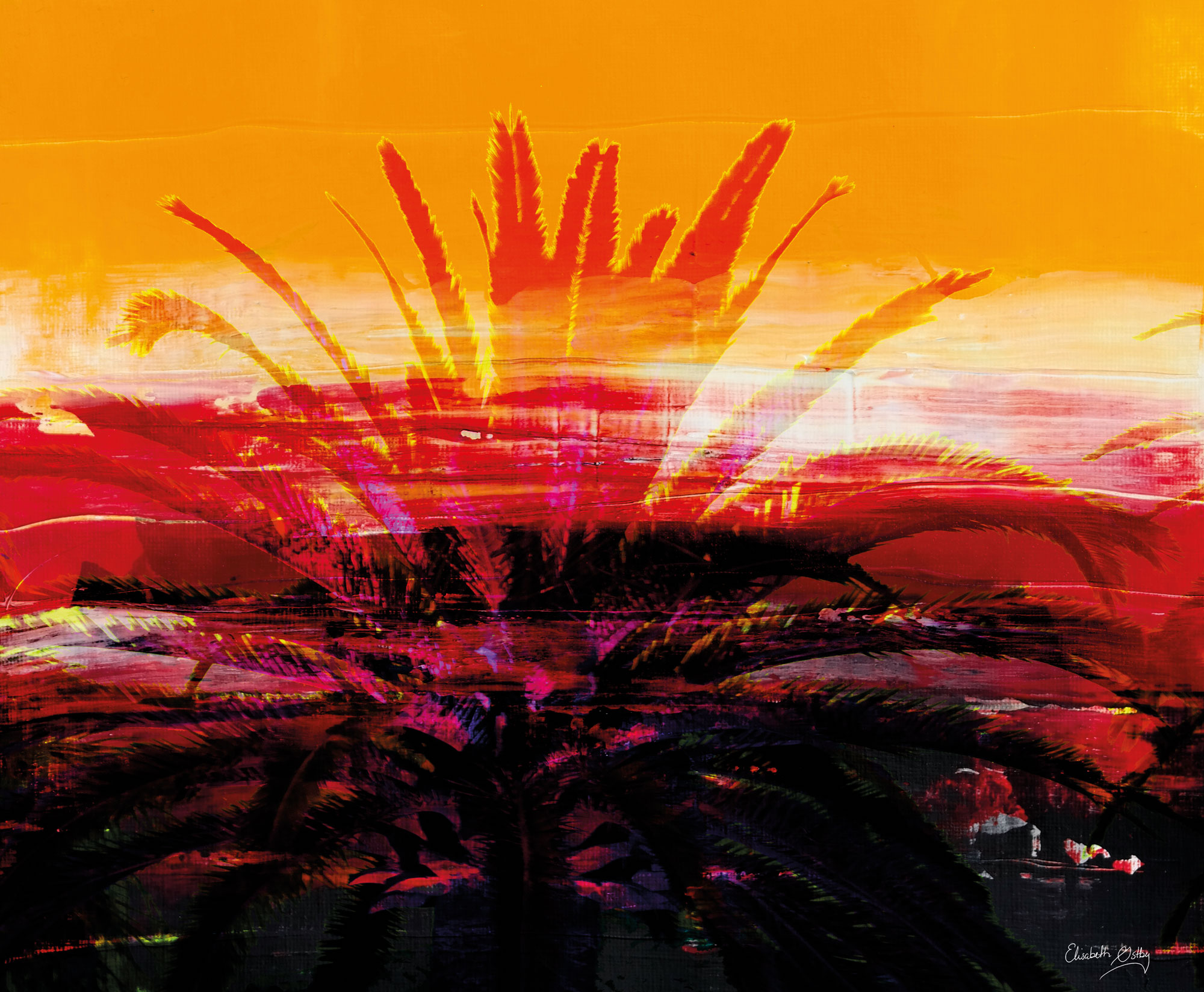 Fargedans med palmer. Fotografi og akrylmaleri i digital miks.